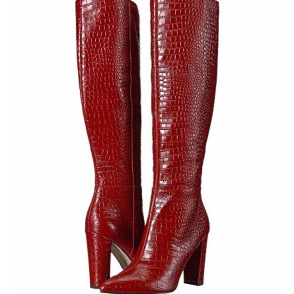 Sam Edelman Raakel 2 Croc-embossed Block Heel Tall Boots Spiced Red